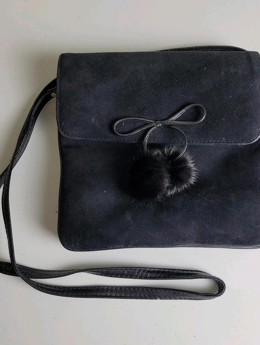 J. Renee Black Velvety Shoulder Bag Fur Pom Poms Divider Detachable Strap Purse